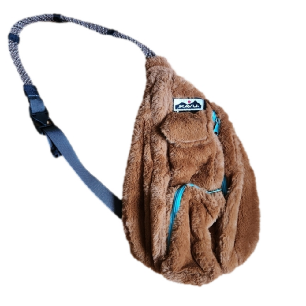 KAVU Slingback Bookbag BrownFaux Fur Blue Lining